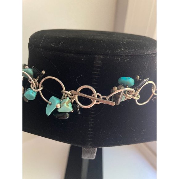 Black Obsidian/ Blue Dyed Howlite/Faceted Crystal/Shell Statement Bib Necklace - Picture 4 of 6